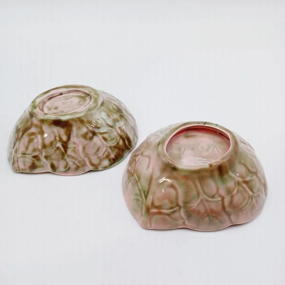 Matching Pair Antique Weller Pottery Zona Leaf Bowls Pink Green Glaze 1920s...